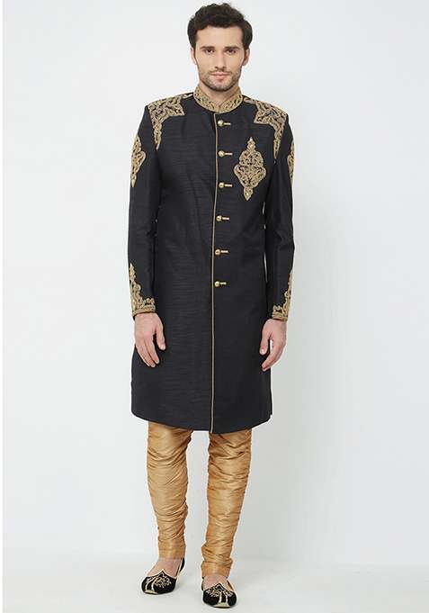Black Embroidered Silk Blend Sherwani for Men