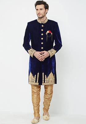 Navy Blue Embroidered Silk Sherwani for Men