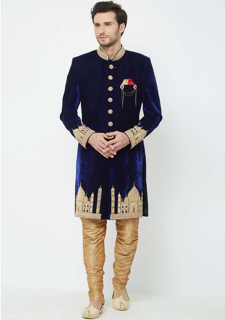 Navy Blue Embroidered Silk Blend Sherwani for Men - Indya