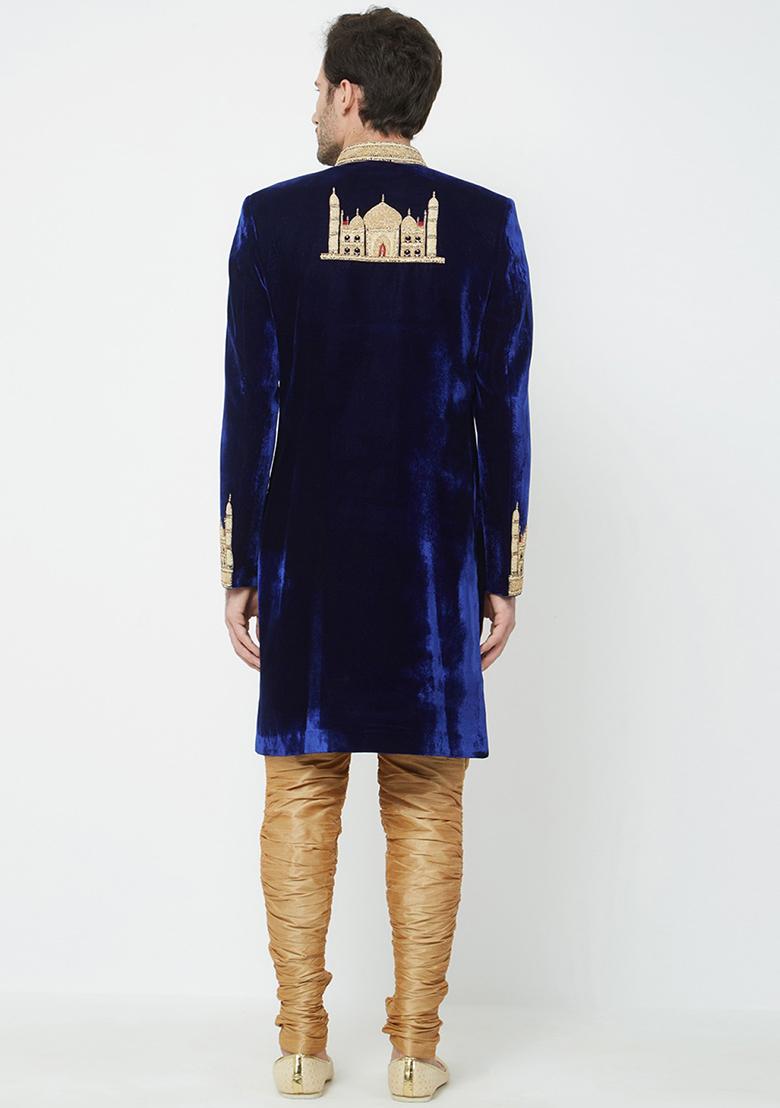 Navy Blue Embroidered Silk Sherwani for Men