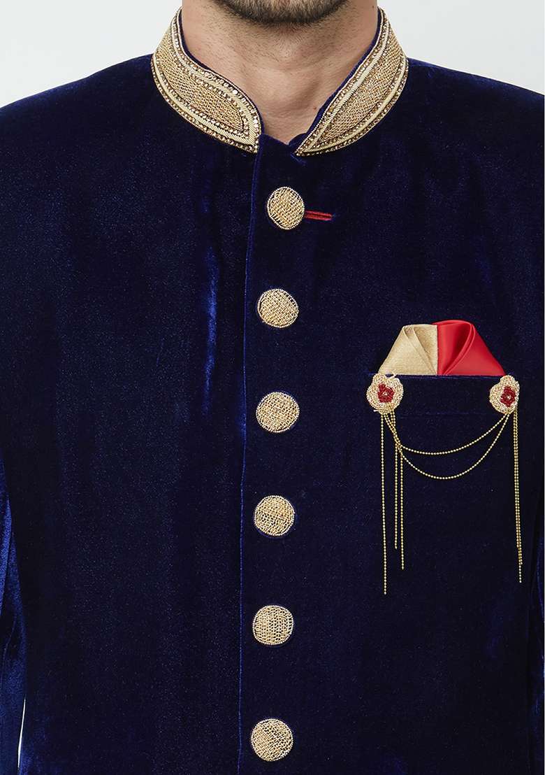 Navy Blue Embroidered Silk Blend Sherwani for Men - Indya