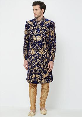 Navy Blue Embroidered Silk Sherwani for Men
