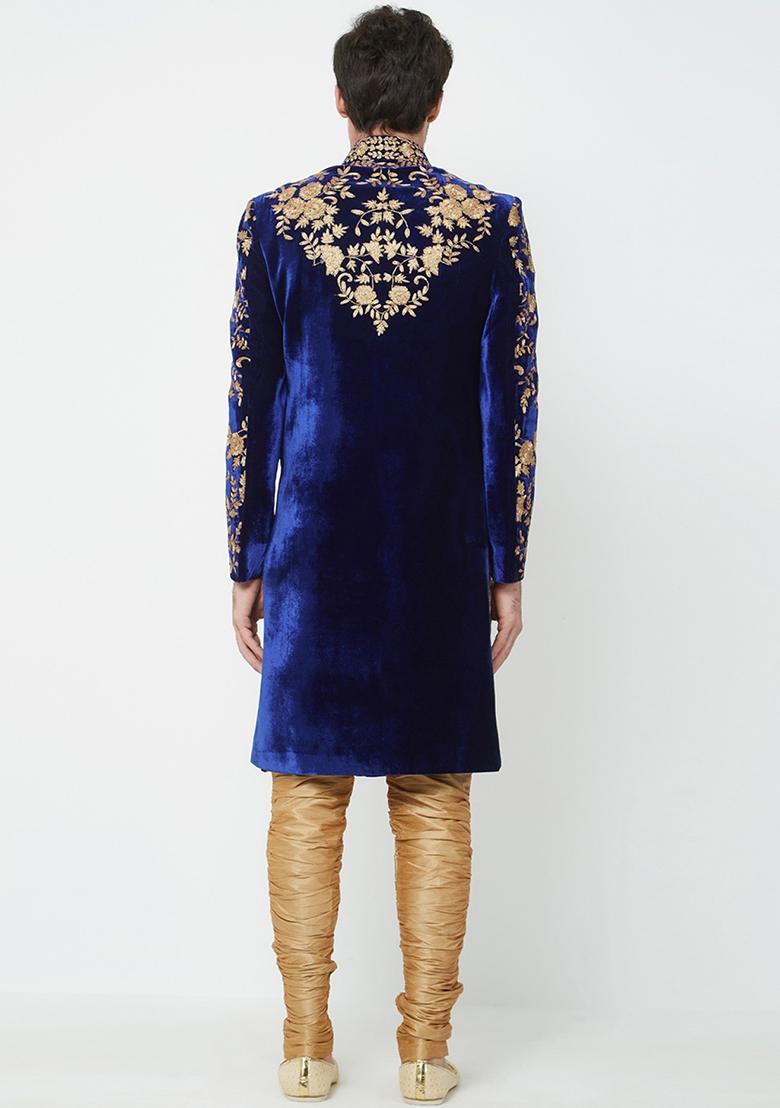 Navy Blue Embroidered Silk Sherwani for Men