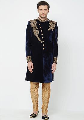 Navy Blue Embroidered Silk Sherwani for Men