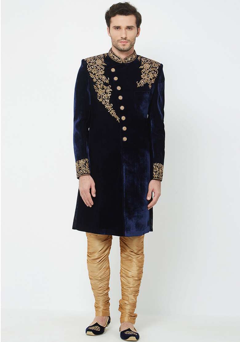 Navy Blue Embroidered Silk Blend Sherwani for Men - Indya