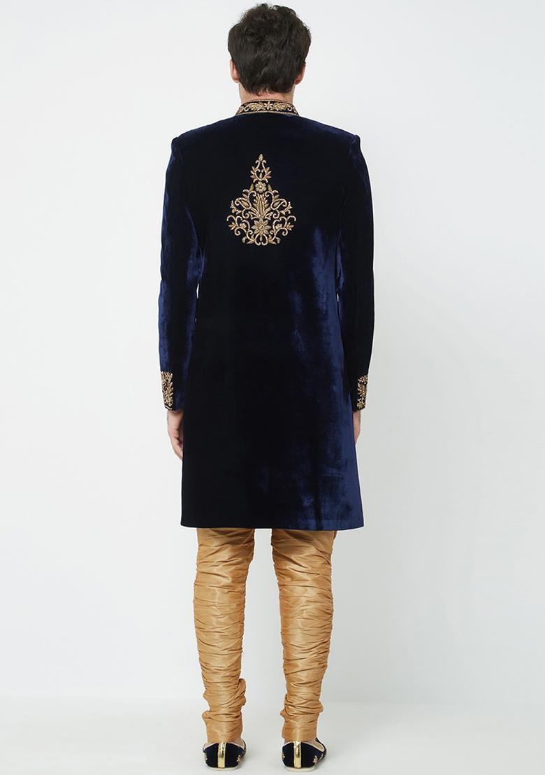 Navy Blue Embroidered Silk Sherwani for Men