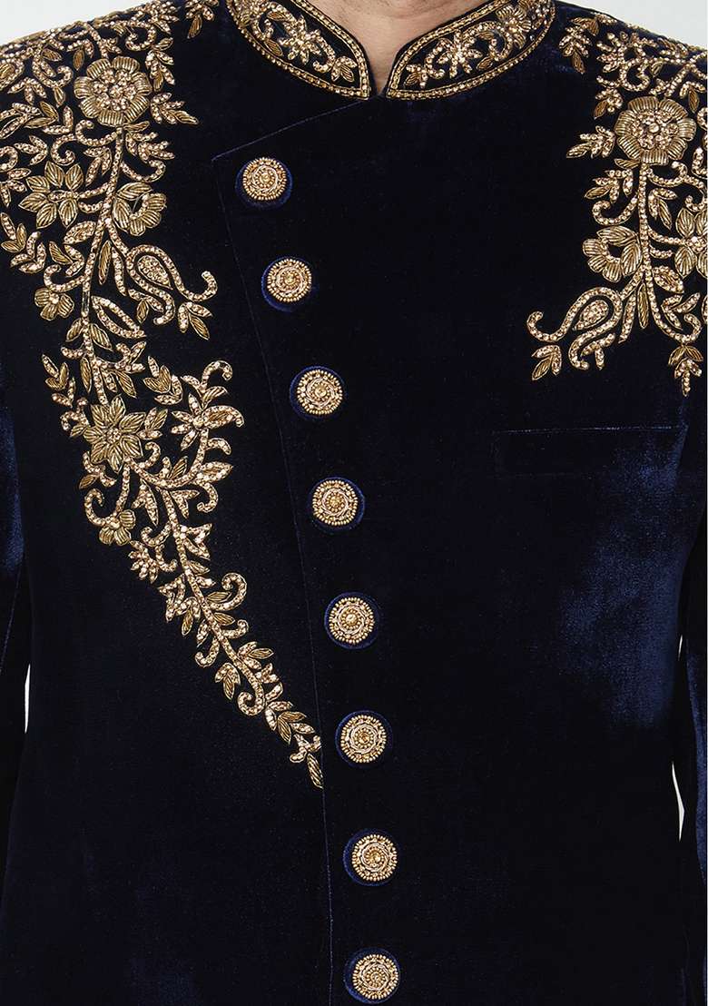 Navy Blue Embroidered Silk Blend Sherwani for Men - Indya