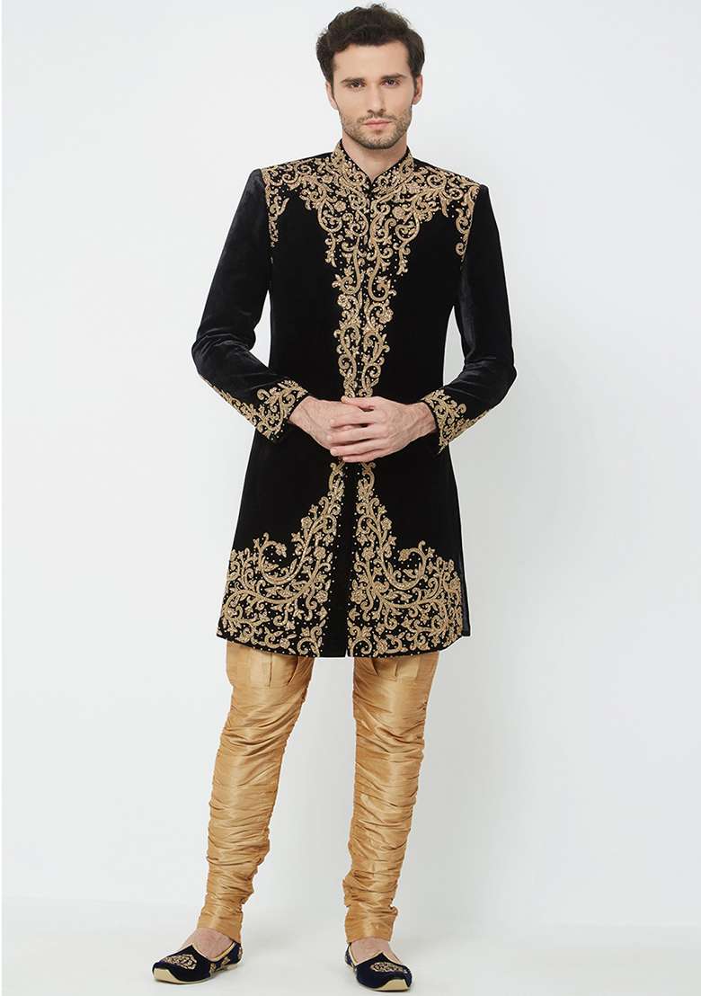 Black Embroidered Silk Blend Sherwani for Men - Indya