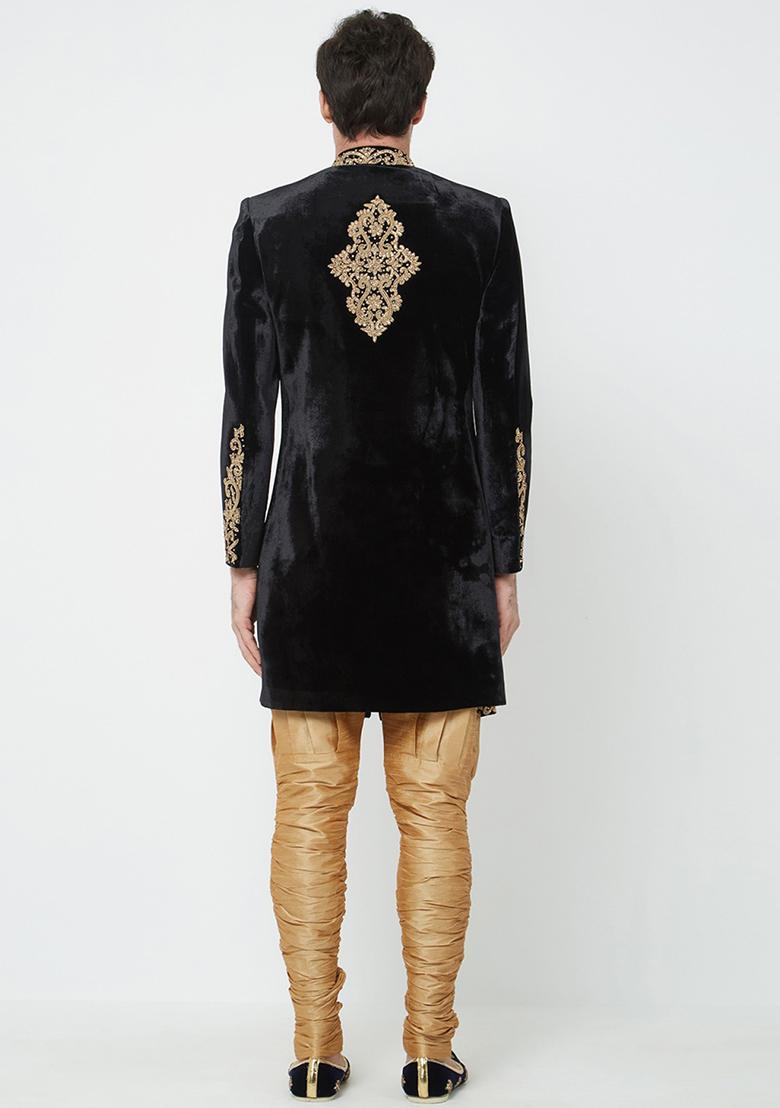 Black Embroidered Silk Sherwani for Men