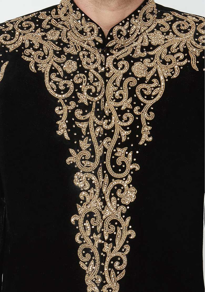Black Embroidered Silk Blend Sherwani for Men - Indya