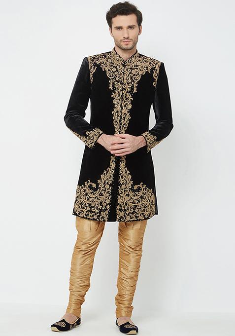 Black Embroidered Silk Sherwani for Men