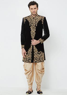 Black Embroidered Silk Sherwani for Men