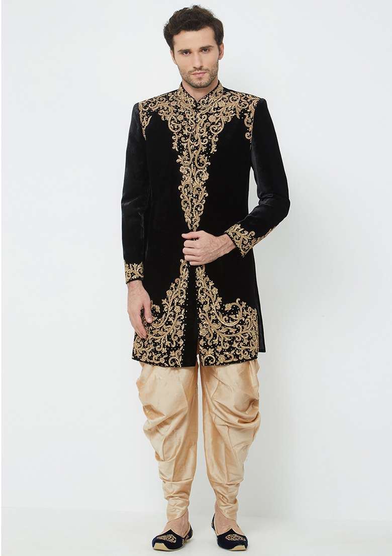 Black Embroidered Silk Blend Sherwani for Men - Indya