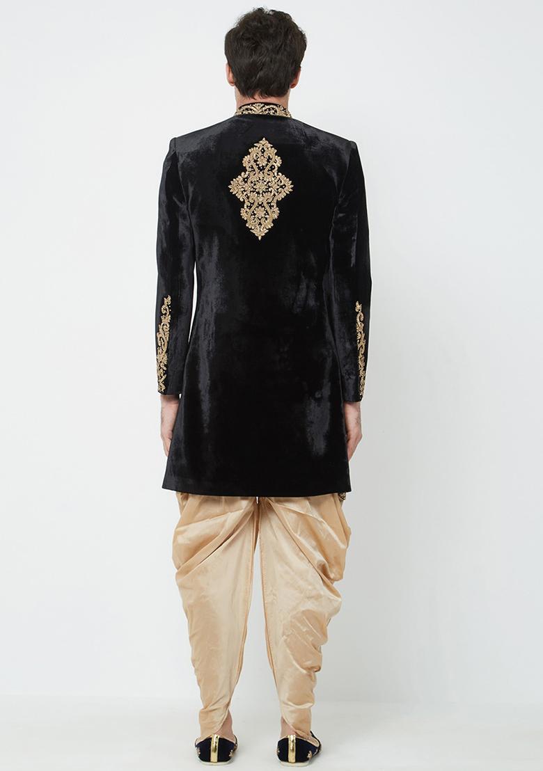 Black Embroidered Silk Sherwani for Men