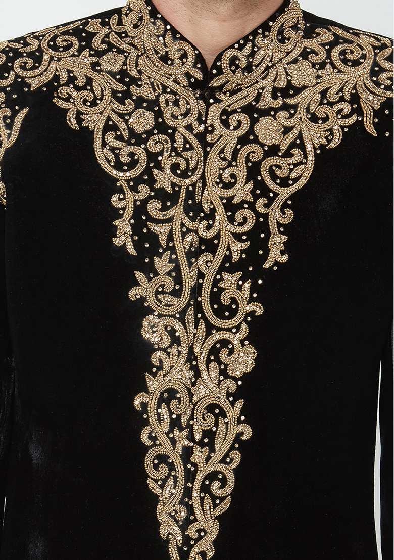 Black Embroidered Silk Blend Sherwani for Men - Indya