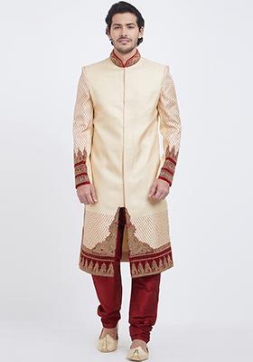 Cream Embroidered Silk Sherwani for Men