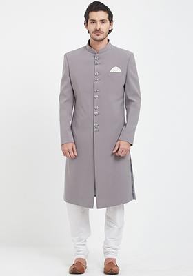 Grey Solid Silk Sherwani for Men