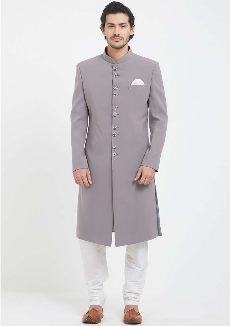 Grey Solid Silk Blend Sherwani for Men - Indya