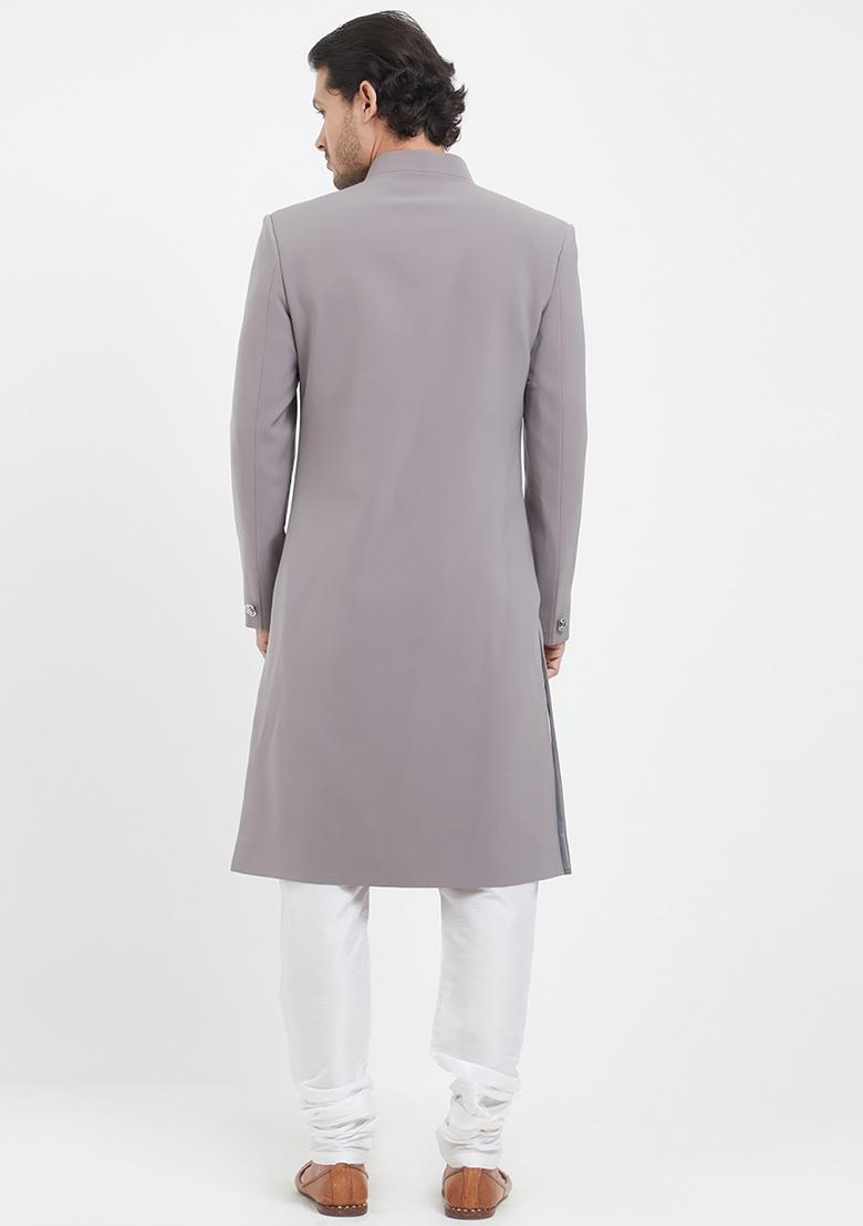 Grey Solid Silk Sherwani for Men