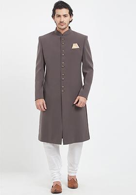 Dark Grey Solid Silk Sherwani for Men