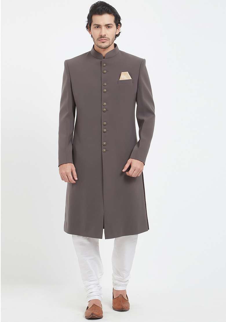 Dark Grey Solid Silk Blend Sherwani for Men - Indya