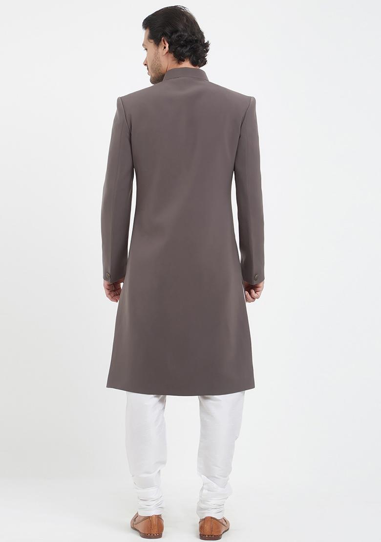 Dark Grey Solid Silk Sherwani for Men