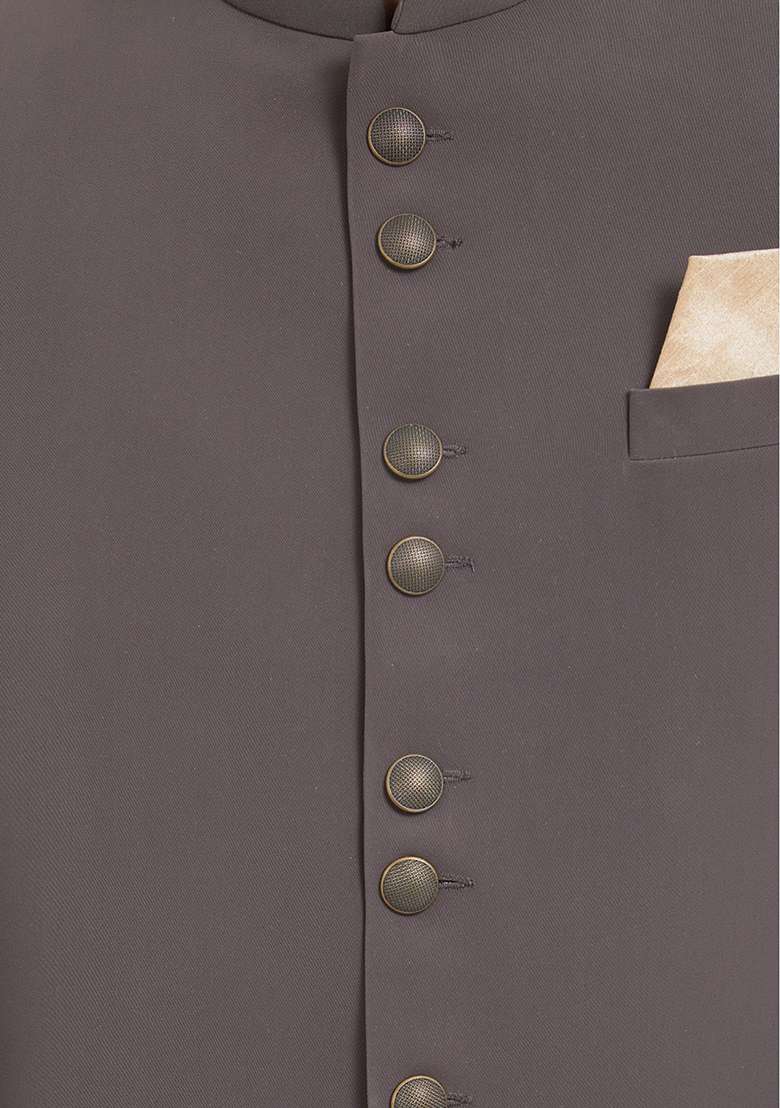 Dark Grey Solid Silk Blend Sherwani for Men - Indya