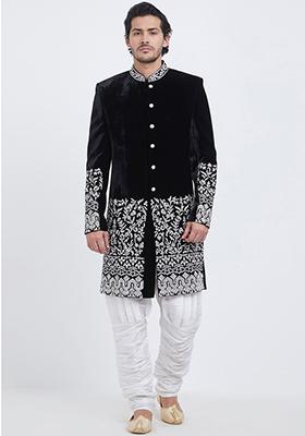 Black Embroidered Silk Sherwani for Men