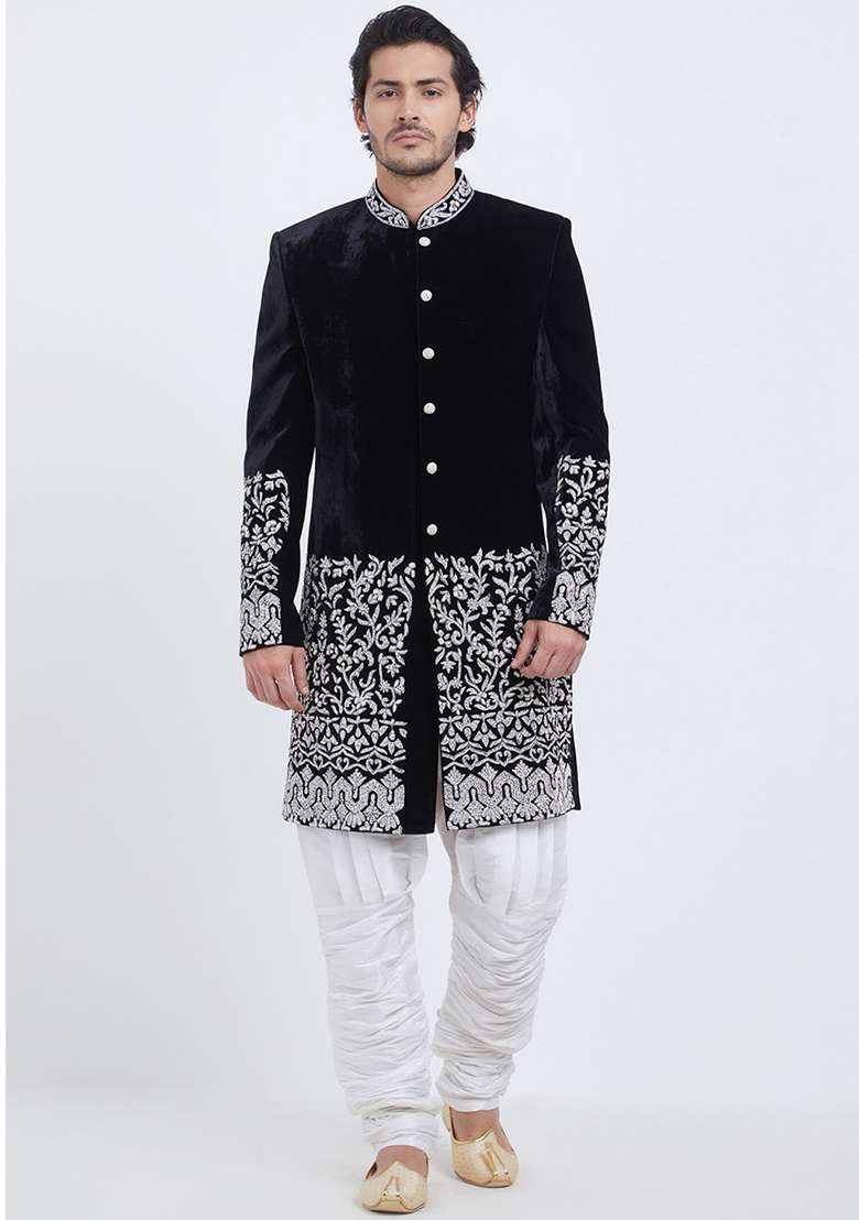 Black Embroidered Silk Blend Sherwani for Men - Indya