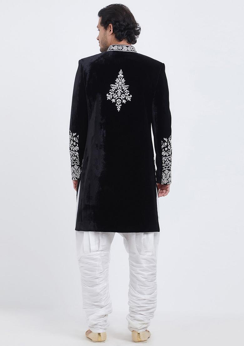 Black Embroidered Silk Sherwani for Men