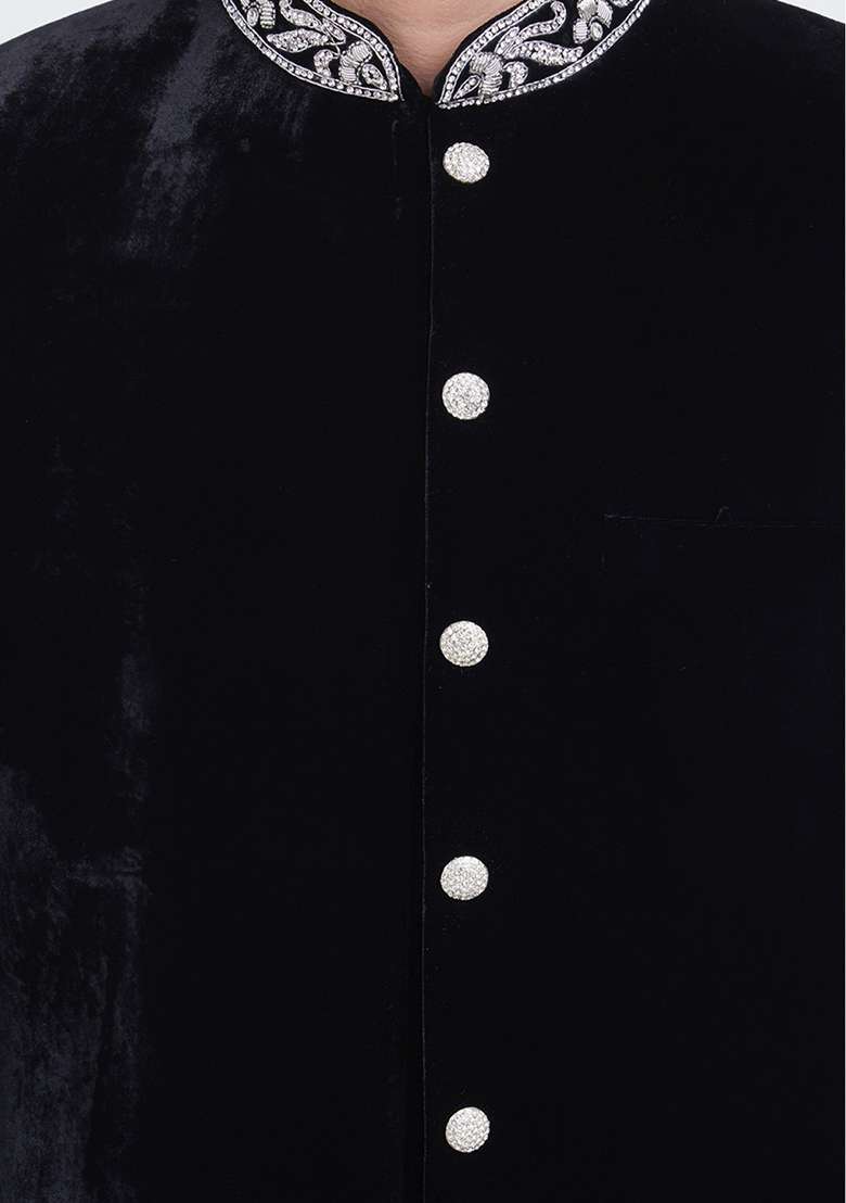Black Embroidered Silk Blend Sherwani for Men - Indya