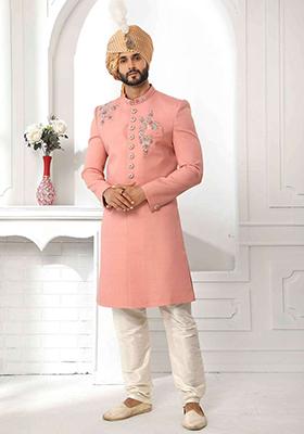 Peach Embroidered Silk Sherwani for Men