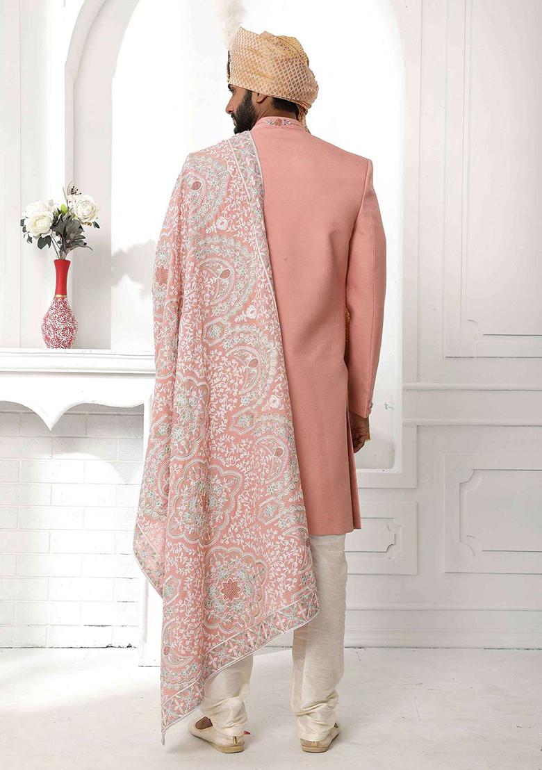 Peach Embroidered Silk Sherwani for Men