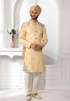Dark Fawn Yellow Embroidered Silk Sherwani for Men