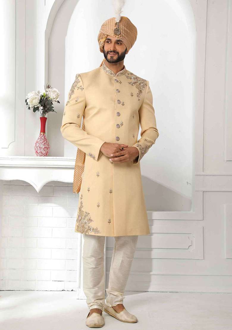 Dark Fawn Yellow Embroidered Silk Blend Sherwani for Men - Indya