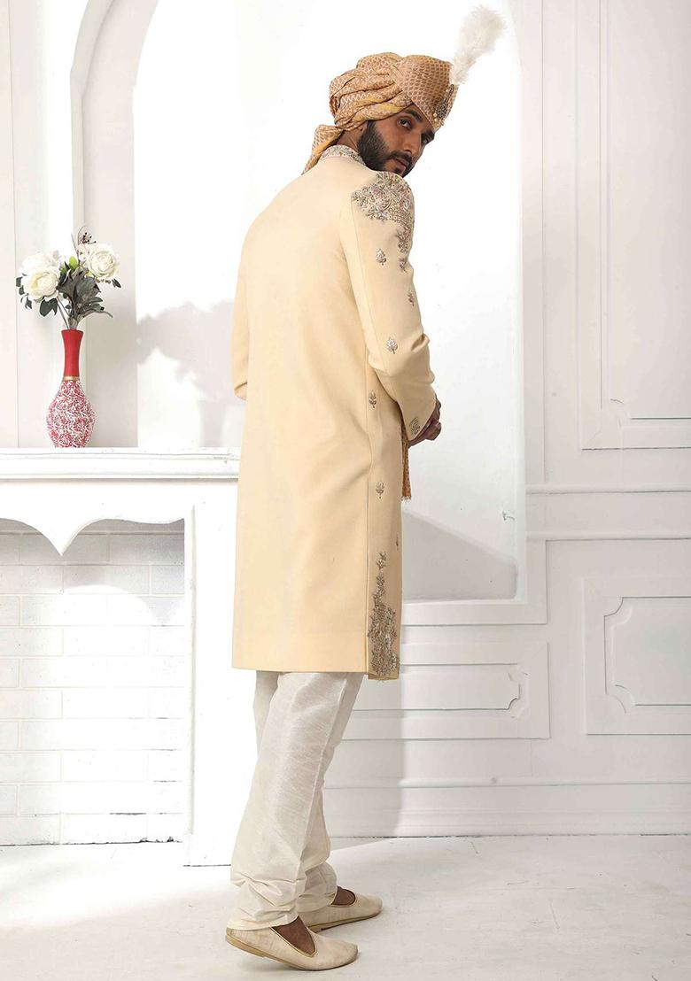 Dark Fawn Yellow Embroidered Silk Sherwani for Men
