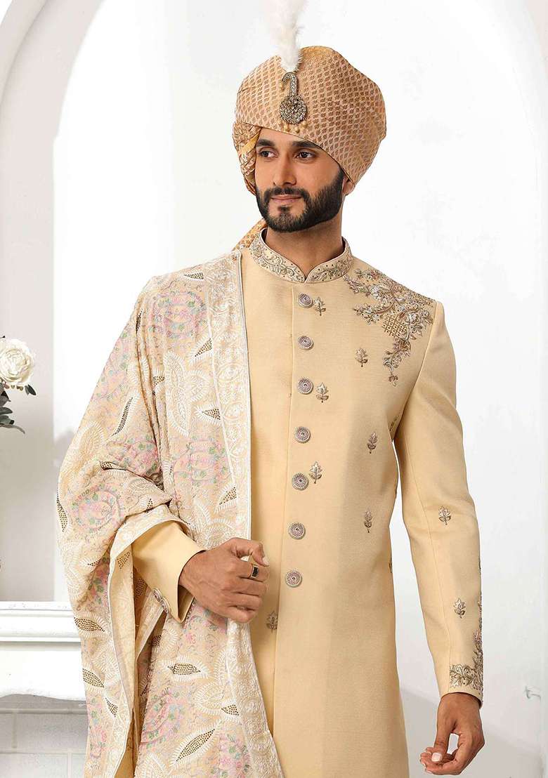Dark Fawn Yellow Embroidered Silk Blend Sherwani for Men - Indya