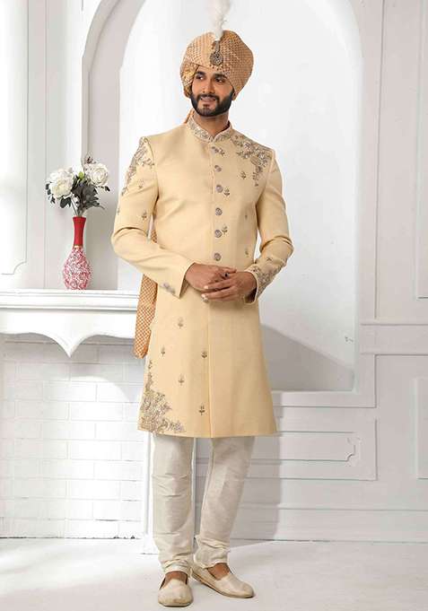 Dark Fawn Yellow Embroidered Silk Blend Sherwani for Men