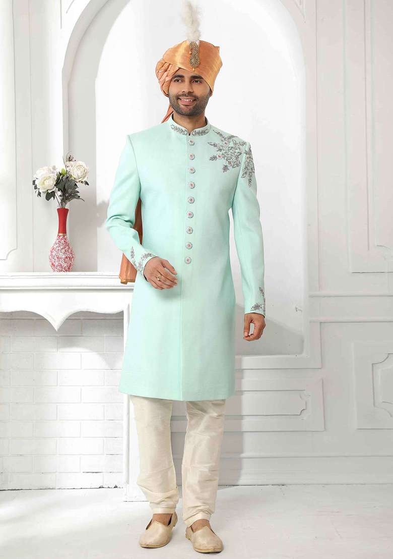 Pista Green Embroidered Silk Blend Sherwani for Men - Indya