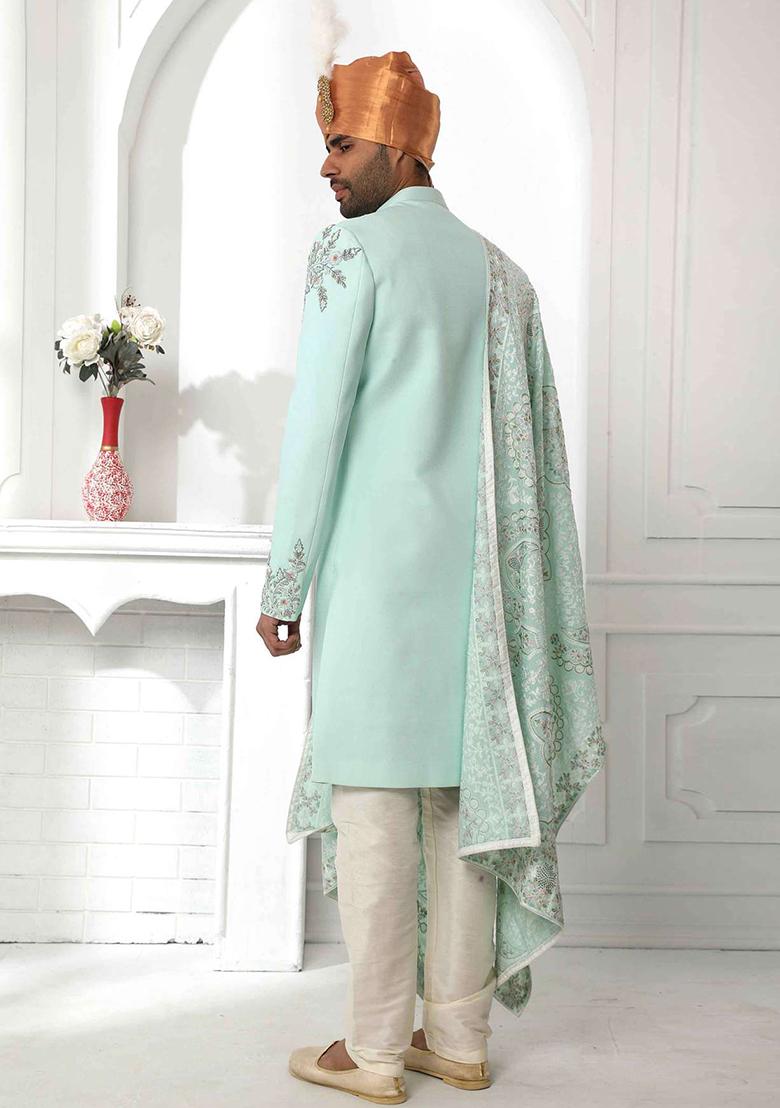 Pista Green Embroidered Silk Sherwani for Men