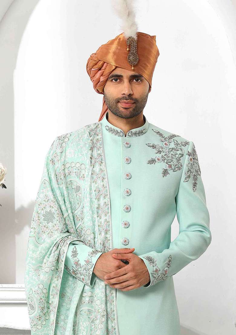 Pista Green Embroidered Silk Blend Sherwani for Men - Indya