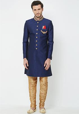 Navy Blue Embroidered Silk Sherwani for Men
