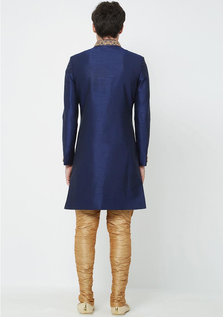 Navy Blue Embroidered Silk Sherwani for Men