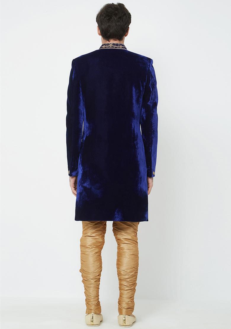 Navy Blue Embroidered Silk Sherwani for Men