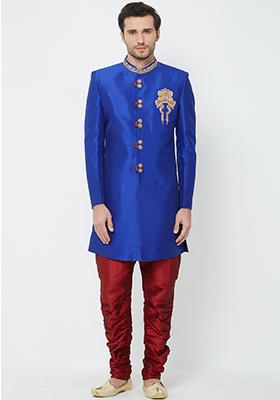Royal Blue Embroidered Silk Sherwani for Men