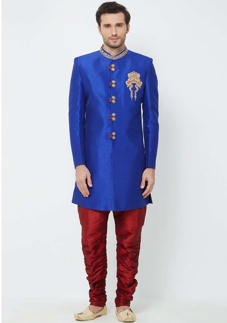 Royal Blue Embroidered Silk Blend Sherwani for Men - Indya