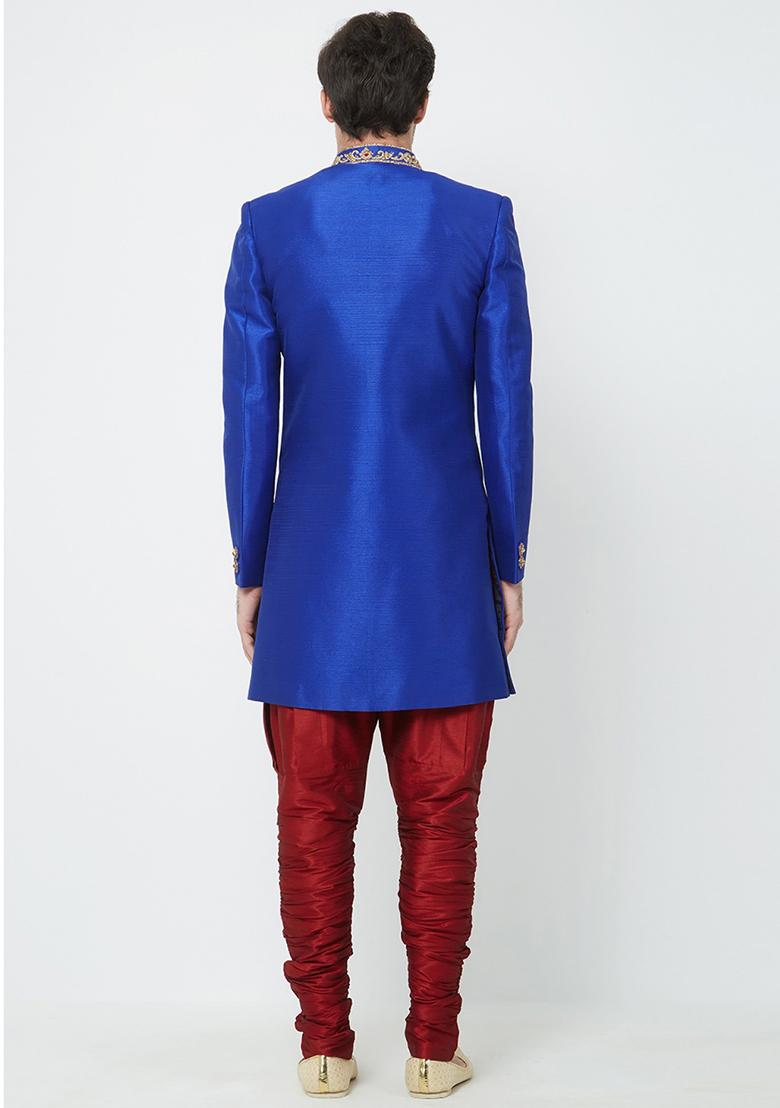 Royal Blue Embroidered Silk Sherwani for Men
