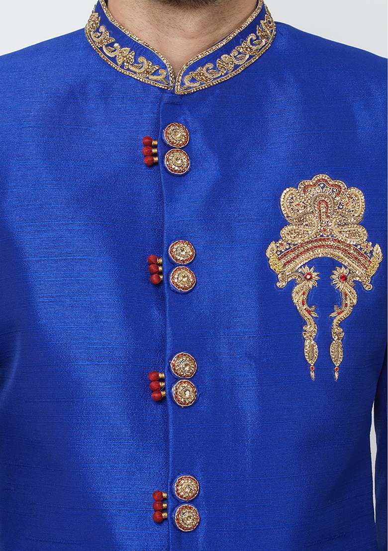 Royal Blue Embroidered Silk Blend Sherwani for Men - Indya