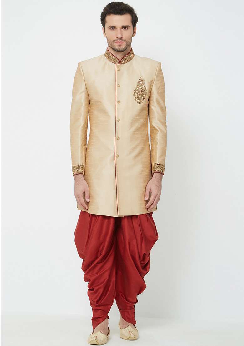 Gold Embroidered Silk Blend Sherwani for Men - Indya