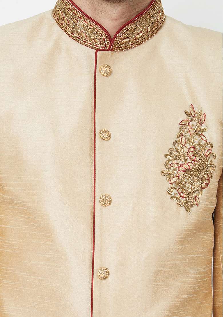 Gold Embroidered Silk Blend Sherwani for Men - Indya